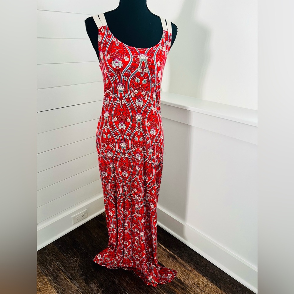 Pink Rose Summer Maxi Dress - Red Floral Size Small